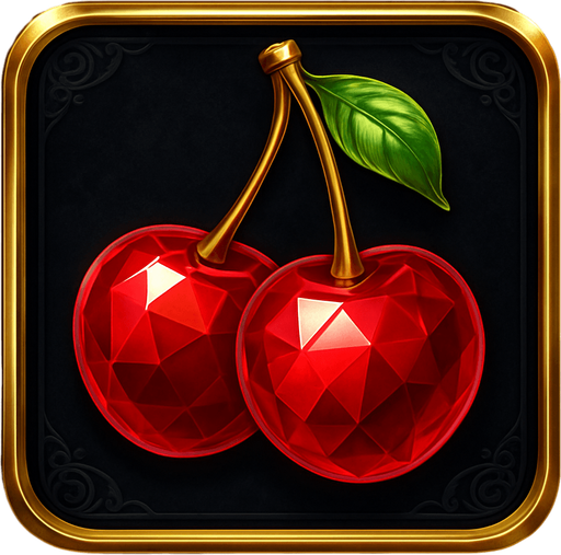 Crea un asset visual completo para el símbolo 'E' de Megaways: Cerezas Lujosas, directamente sobre su panel de fondo.

Diseño General:

Forma: Un panel cuadrado o ligeramente redondeado.

Fondo del Panel: Terciopelo oscuro (negro o azul noche) o un metal pulido muy oscuro.

Borde: Un borde elegante dorado o plateado alrededor del panel.

Detalles del Fondo: Puede tener un patrón sutil de filigrana de casino en las esquinas del panel.

Símbolo Central (las Cerezas):

Dos cerezas rojas, estilizadas para parecer joyas o gemas, con una superficie brillante y reflejos, posicionadas centralmente.

El tallo debe ser fino y elegante.

Colores: Rojos intensos y brillantes.
In-Game asset.  2d.  High contrast.  No shadows