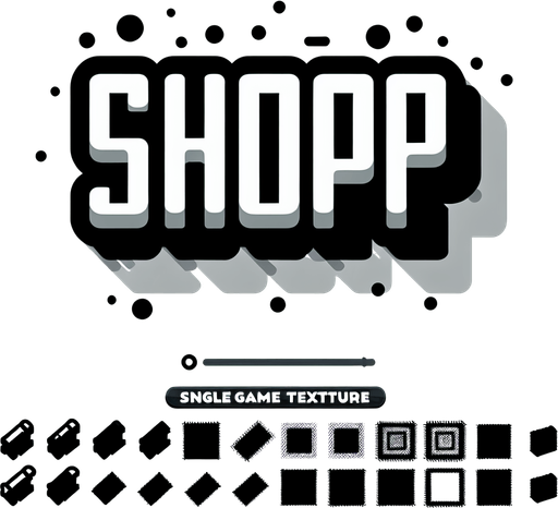 a text that is written "shop".
Single Game Texture. In-Game asset. 2d. Blank background. High contrast. No shadows.