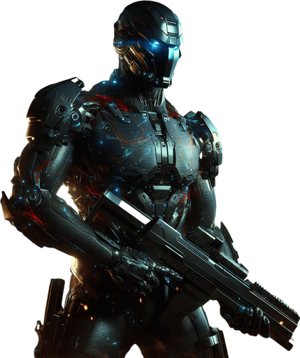 Create an image of a dynamic, powerful hero in a futuristic, action-packed setting. The hero is wearing a sleek, dark armored suit with metallic accents that reflect light. The suit features high-tech elements, such as glowing blue and red energy lines running across the chest and limbs, and advanced weaponry mounted on the arms. The hero’s face is partially visible behind a helmet with a visor, showing intense determination. They stand confidently in a battle-ready pose, with a backdrop of a city in ruins, engulfed in smoke and flames. In the hero's hand, there’s a futuristic gun that looks like a high-powered sniper rifle, glowing with energy. The atmosphere is tense, with sparks flying around as if from recent explosions.".
Single Game Texture. In-Game asset. 2d. Blank background. High contrast. No shadows.