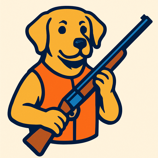 labrador dog hold a hunt gun.
In-Game asset.  2d.  High contrast.  No shadows