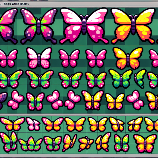 A sprite sheet of different colored butterflies. Include pink, green and yellow..
Single Game Texture. In-Game asset. 2d. Blank background. High contrast. No shadows.