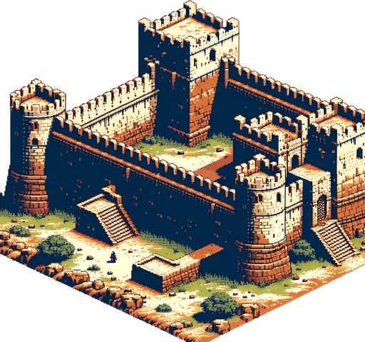 Make an ancient fortress wall facing north in an 8 bit style from a birds eye view.
Single Game Texture. In-Game asset. 2d. Blank background. High contrast. No shadows.