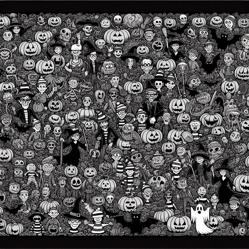 Generate a high quality cartoon background Halloween image on a black canvas similar to the format of where is waldo.
Single Game Texture. In-Game asset. 2d. Blank background. High contrast. No shadows.