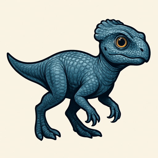 A small Microceratus dinosaur with smooth blue-gray scaly skin. It has a compact body, delicate limbs, and a short tail. The head has a small frill and bright curious eyes. The skin texture is detailed with fine scales, emphasizing its agility and small size..
In-Game asset.  2d.  High contrast.  No shadows