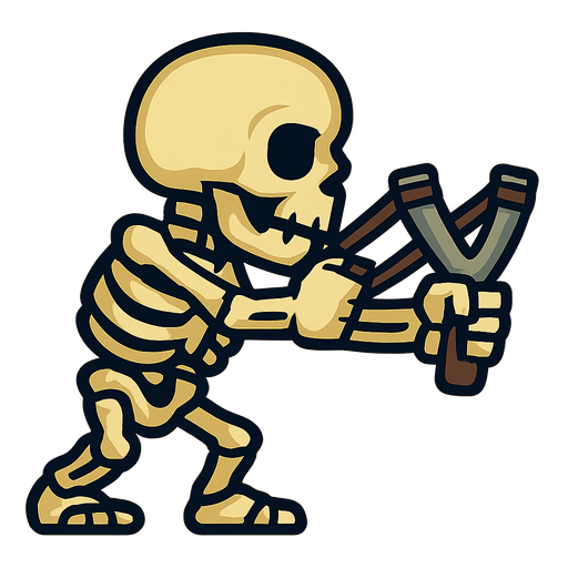 Skeleton facing left with a slingshot.
In-Game asset.  2d.  High contrast.  No shadows