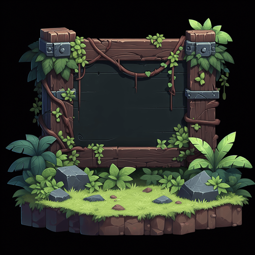 A dark wooden message board with vines and jungle moss growing on top..
Single Game Texture. In-Game asset. 2d. Blank background. High contrast. No shadows.