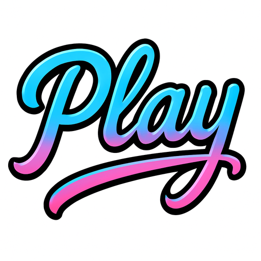las letras play con un color celeste y rosa combinados con una cursiva
In-Game asset.  2d.  High contrast.  No shadows con contorno negro