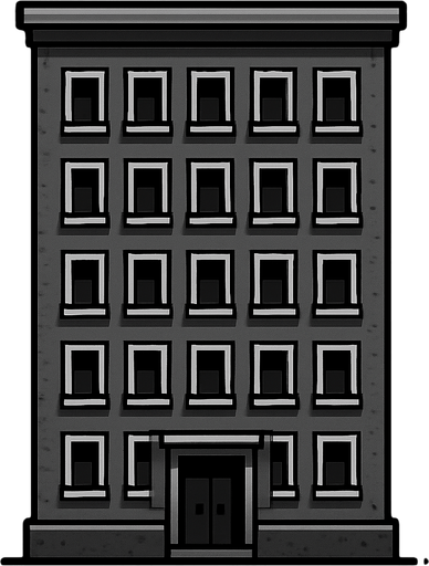 City building 2d game long and grey with windows.
In-Game asset.  2d.  High contrast