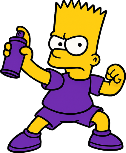 Bart holding a purple Spraycan while he is wearing purple shoes and shorts. Show all of his body in a fighting stance
In-Game asset.  2d.  High contrast.  No shadows