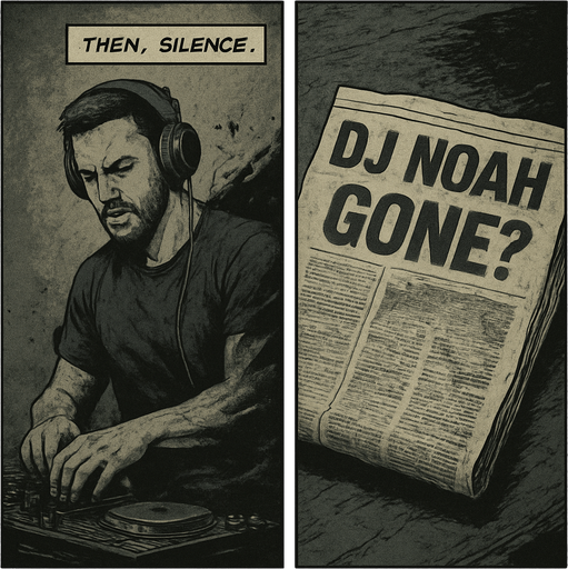 Realistic comic book style, 2048x2048. Split-frame design: left half shows Noah mid-performance dissolving into shadows; right half shows a crumpled newspaper with the headline "DJ NOAH GONE?". Desaturated colors, somber mood. Add a transparent narrator box at the top-center with the text: "Then, silence." in comic font..
In-Game asset.  2d.  High contrast.  No shadows