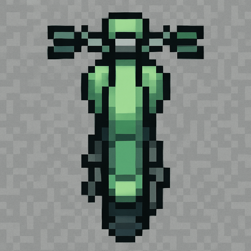 Draw 2d pixel motorciycle top view light green..
In-Game asset.  2d.  High contrast.  No shadows