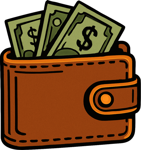 İçinde birkaç dolar olan cüzdan.
In-Game asset.  2d.  High contrast.  No shadows