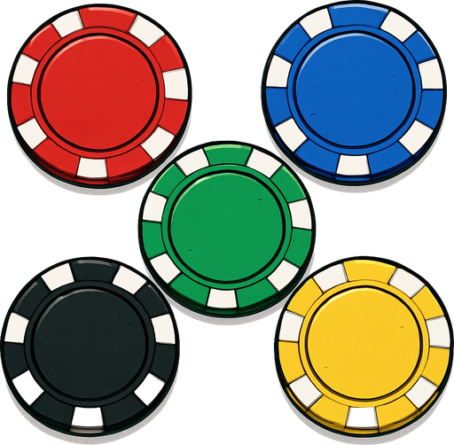 A set of five different colored poker chips seen from directly overhead. Anime style..
In-Game asset.  2d.  High contrast.  No shadows