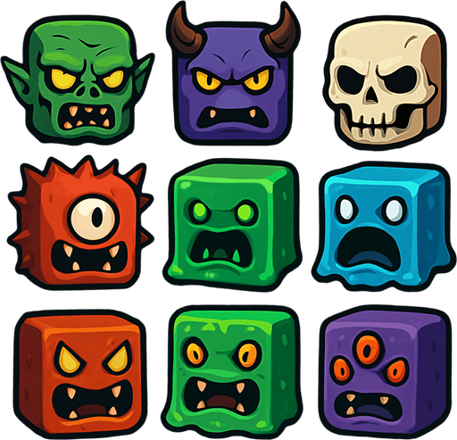 pack of different scary enemies for ninja game, monsters, slimes cubes monsters, different colors, HD colors
In-Game asset.  2d.  High contrast.  No shadows
