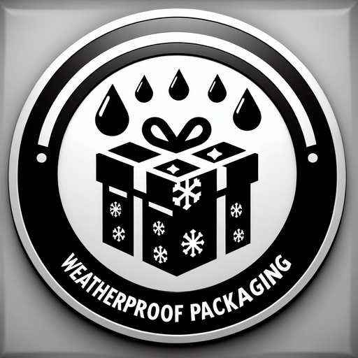 icon of a weatherproof christmas present flying in the sky, on a circle, cartoon. With the text: "weatherproof packaging" Single Game Texture. In-Game asset. 2d. Blank background. High contrast. No shadows.