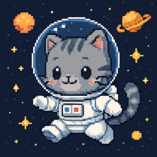 A cute gray chibi-style anime kitten, dressed in an astronaut suit and drifting through the universe, rendered in Pixel Art.