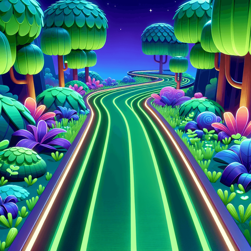 "A straight grassy path with glowing green neon edges, lined with vibrant flowers and futuristic-looking trees on both sides. The background is in a cyberpunk style with soft glowing grass, bioluminescent flowers, and stylized trees with colorful leaves. Bright, clean night setting with a subtle purple-blue sky glow in the distance, suitable for a side-scrolling neon runner game. Stylized, vibrant, 2D art.".
Single Game Texture.  In-Game asset.  2d.  Blank background.  High contrast.  No shadows