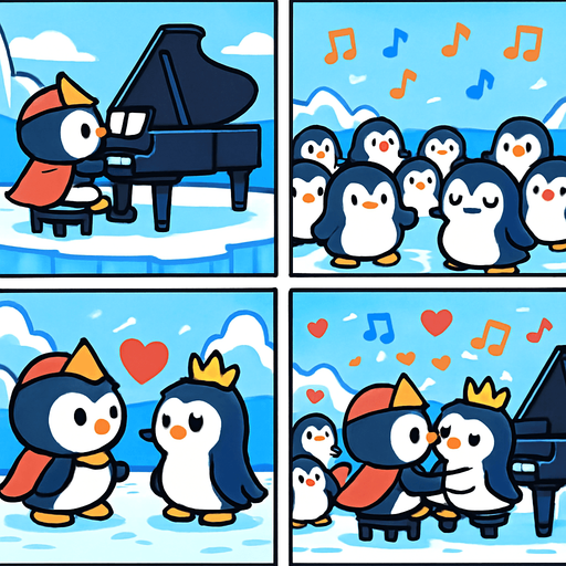 4-panel comic strip, no text, cute cartoon style, bright colors, black outlines.
Characters: Penguin Hero (small, determined) + Penguin Princess (elegant, crown) + Village Penguins
Central Theme: Music connects hearts, piano mastery wins love. Story: Hero's grand performance wins Princess's heart and village's admiration

Panel 1: Hero plays grand piano on large ice stage, whole village watching
Panel 2: Beautiful music fills the air, all penguins are enchanted, notes sparkle
Panel 3: Princess approaches Hero, heart symbols floating between them
Panel 4: Hero and Princess together at piano, playing duet, village celebrates with hearts/music notes everywhere.
In-Game asset.  2d.  High contrast.  No shadows