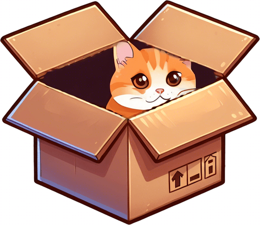 cute Chibi ginger cat look from the box into the camera. Cheeky, happy. Dark Brown eyes