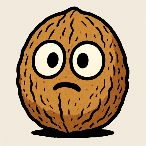 Nuez de color marrón claro, con una textura rugosa que le da un aspecto robusto. Es de forma ovalada, ligeramente más ancha en la base. Tiene dos ojos grandes y blancos con pupilas negras, que miran hacia adelante, y una boca pequeña y sonriente que le da una expresión algo asustadiza o sorprendida..
In-Game asset.  High contrast.  No shadows
