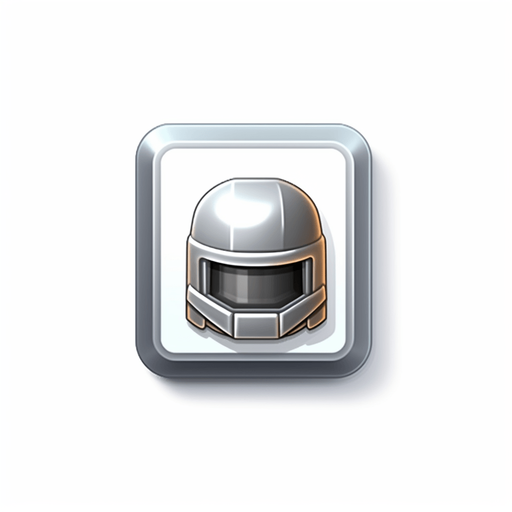 Single square button with soldier helmet on it. Metal button
Game Texture. In-Game asset. 2d. Pixelart. White background. Blank background. Low detail. High contrast.