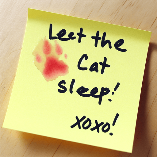 yellow stickyNote with
 "Let the cat sleep!
Xoxo!" text and a red-stain.