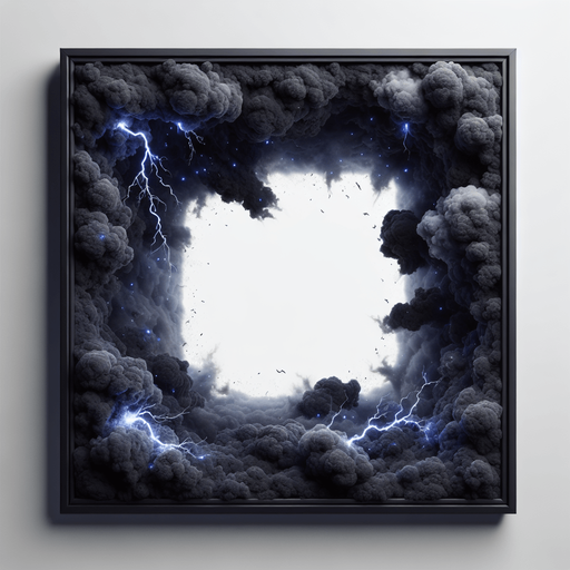 frame made of dark clouds, some blue sparks, it fill the complete screen, in the center is white only, on white background