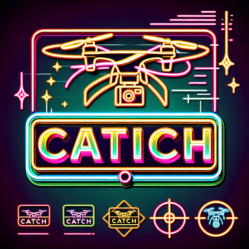 retro sign that says "catch" with an flying drone symbol in neon colors..
Single Game Texture. In-Game asset. 2d. Blank background. High contrast. No shadows.