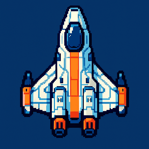 Una nave espacial futurista mirada desde arriba en pixel art.
In-Game asset.  2d.  High contrast.  No shadows