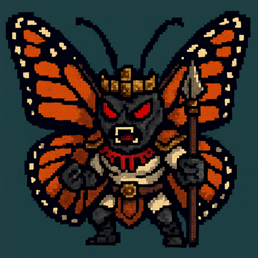 Genérame una Mariposa monarca guerrero azteca con eso patrones, estilo pixelar, con una apariencia maligna, ojos rojos, rabioso. Unidad aerea con alas. Animal.
In-Game asset.  2d.  High contrast.  No shadows