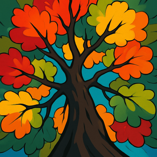 Top view of colorful tree looking upwards.
In-Game asset.  2d.  High contrast.  No shadows