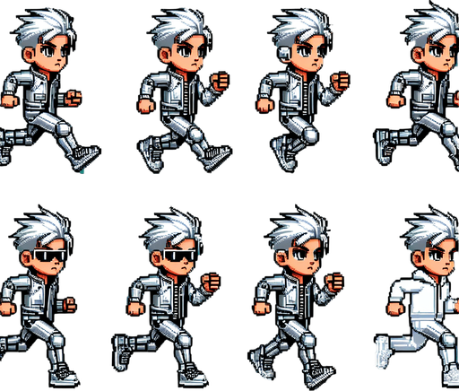Horizontal Endless Runner Cyberpunk Kid dressed in silver with white hair and shades, running sprite sheet of 2 frames, retro super nintendo graphics..
Single Game Texture. In-Game asset. 2d. Blank background. High contrast. No shadows.