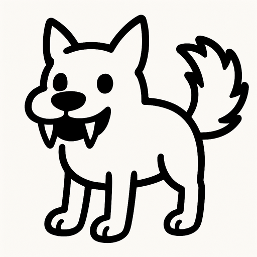 Un perro blanco con 2 patas y dientes de vampiro con una cola pelula estilo caricatura.
In-Game asset.  2d.  High contrast.  No shadows