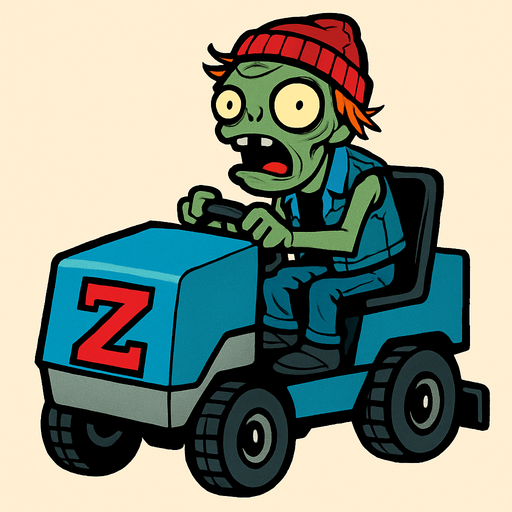 Un zombi con piel verdosa y pálida, cabello rojizo despeinado y un gorro de lana rojo. Viste un chaleco de mezclilla sin mangas sobre una camiseta negra y pantalones de mezclilla. Está sentado en un vehículo de mantenimiento de hielo azul y gris, similar a una Zamboni, con una gran "Z" roja en el frente. El vehículo tiene ruedas pequeñas y negras, y el Zomboni lo conduce con una expresión de asombro y determinación, con la boca abierta..
In-Game asset.  2d.  High contrast.  No shadows