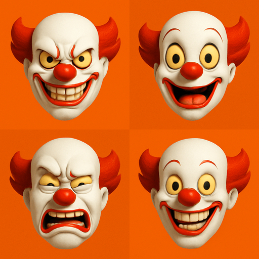 3D penny jack the clone from the movie, Scary but funny and cute face meme. only face. different faces look
In-Game asset.  3D.  High contrast.  No shadows