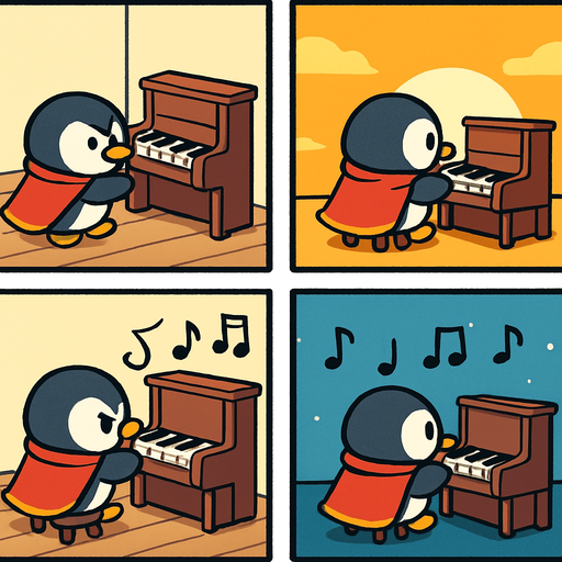 4-panel comic strip, no text, cute cartoon style, bright colors, black outlines.
Characters: Penguin Hero (small, determined) + Penguin Princess (elegant, crown) + Village Penguins
Central Theme: Music connects hearts, piano mastery wins love. Story: Hero commits to learning piano seriously

Panel 1: Hero finds small piano and sets up practice space
Panel 2: Hero practicing at sunrise, warm golden morning light
Panel 3: Musical notes gradually improve from wobbly to steady
Panel 4: Hero still practicing under moonlight, showing dedication through full day
In-Game asset.  2d.  High contrast.  No shadows
