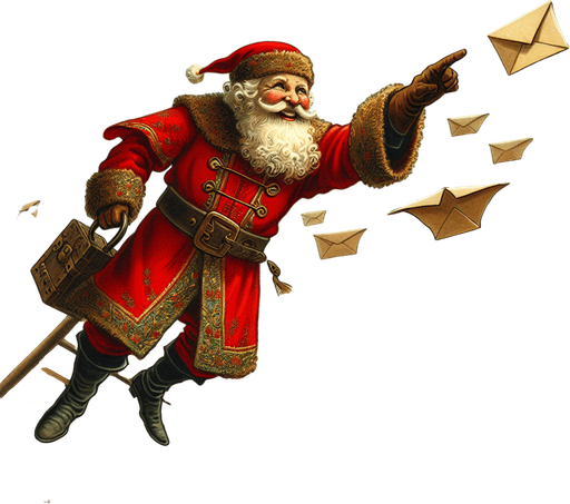 a pergament of santa catching a flying envelope in the sky. There is the text "Catch any flying envelopes in the sky. Otherwise the evil forces will become stronger."