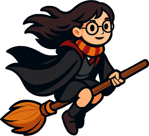 çalı süpürgesine binen pelerinli kız bir büyücü harry potter temasında.
In-Game asset.  2d.  High contrast.  No shadows