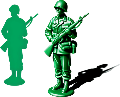 a little green soldier toy standing Single Game Texture. 2d. Transparent background. High contrast. No shadows.