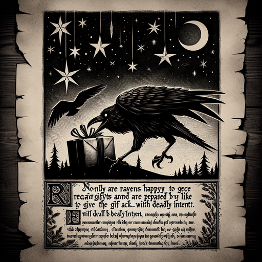 a pergament with a raven stealing a christmas present on the top. At the bottom is the text: "Not only are ravens happy to receive gifts and are appeased by them, they also like to give the gift back... with deadly intent."