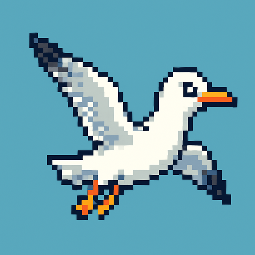 seagull looking to the right, pixelart, flying.
In-Game asset.  2d.  High contrast.  No shadows