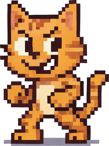 Crea un personaje que sea un gato simpático, estilo pixel art.
Debe estar de pie y verse como si pudiera esquivar cosas.
Que tenga una expresión divertida o decidida.
El fondo debe ser transparente.