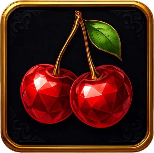 Crea un asset visual completo para el símbolo 'E' de Megaways: Cerezas Lujosas, directamente sobre su panel de fondo.

Diseño General:

Forma: Un panel cuadrado o ligeramente redondeado.

Fondo del Panel: Terciopelo oscuro (negro o azul noche) o un metal pulido muy oscuro.

Borde: Un borde elegante dorado o plateado alrededor del panel.

Detalles del Fondo: Puede tener un patrón sutil de filigrana de casino en las esquinas del panel.

Símbolo Central (las Cerezas):

Dos cerezas rojas, estilizadas para parecer joyas o gemas, con una superficie brillante y reflejos, posicionadas centralmente.

El tallo debe ser fino y elegante.

Colores: Rojos intensos y brillantes.
In-Game asset.  2d.  High contrast.  No shadows