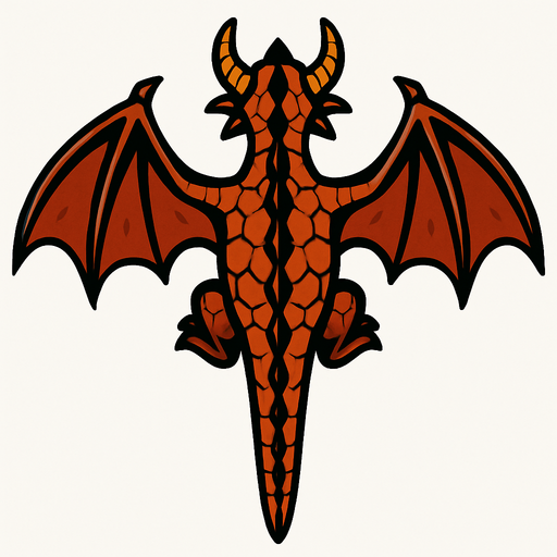 Üstten görünen 2D bir ejder sırt kısmı görünsün ve kuyruğu düz kanatları 75% açık olsun.
In-Game asset.  2d.  High contrast.  No shadows