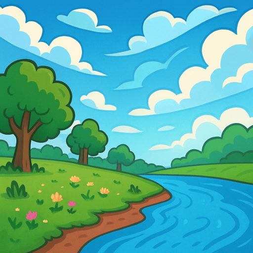 cartoony sky and bank of river