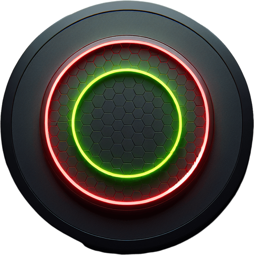 PHOTOREALISTIC Simple black circular arena with honeycomb pattern. 
In the center is a neon green circle with a circle colored red along the edge. 
TOP VIEW.