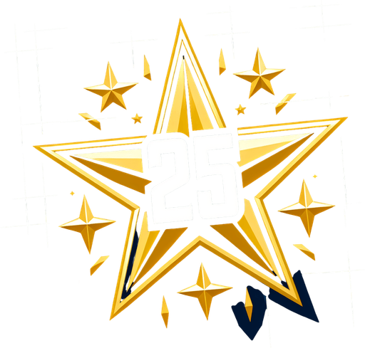 western gold star with 25 written on it.
Single Game Texture. In-Game asset. 2d. Blank background. High contrast. No shadows.