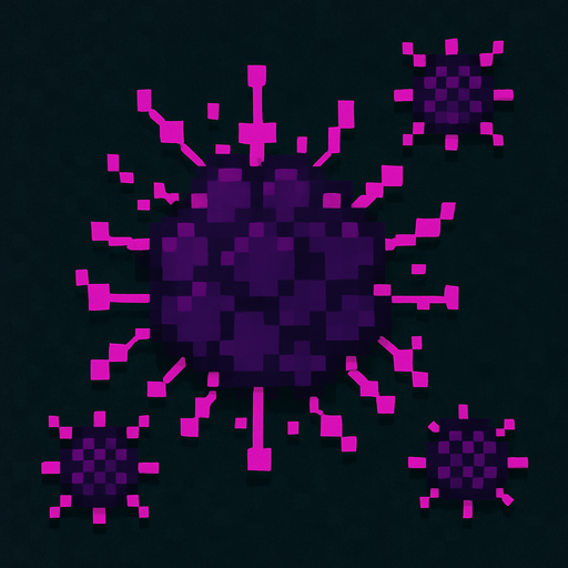 topdown view, small compact digital virus, dark purple core, clustered cell-like form, tiny spiky details, designed to appear in groups, minimal yet recognizable, fits motherboard environment.
In-Game asset.  2d.  High contrast.  No shadows