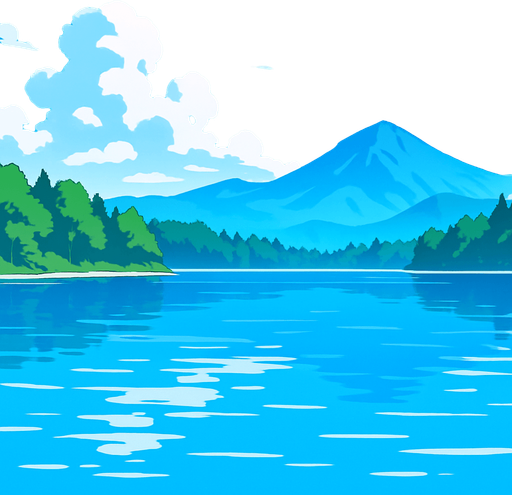 gambar anime tentang danau yang luas di pagi hari. di kejauhan hutan dan pegunungan serta langit cerah.
In-Game asset.  2d.  High contrast.  No shadows