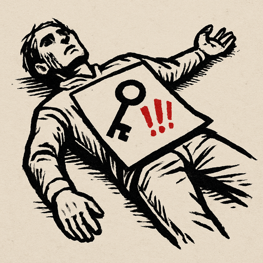 a drawing pic by pen about a dead body have paper on his stomach have key painting and "!!!" beside it, red color of "!!!".
In-Game asset.  2d.  High contrast.  No shadows